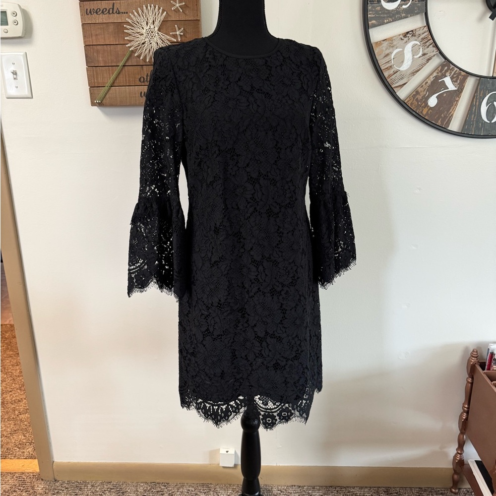 Sz4 Banana Republic black lace overlay shift dress 3/4 fell sleeves NWT